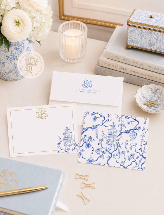 Personalized Chinoiserie Monogram Note Cards - Stationery Set