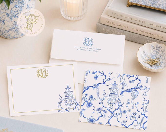 Personalized Chinoiserie Monogram Note Cards - Stationery Set