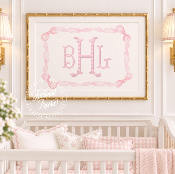 Monogram Nursery Print, Watercolor Pink Bow, Custom Name Wall Art