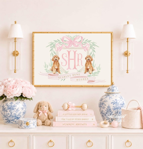 Goldendoodle Nursery Print, Monogram, Puppy Wall Art
