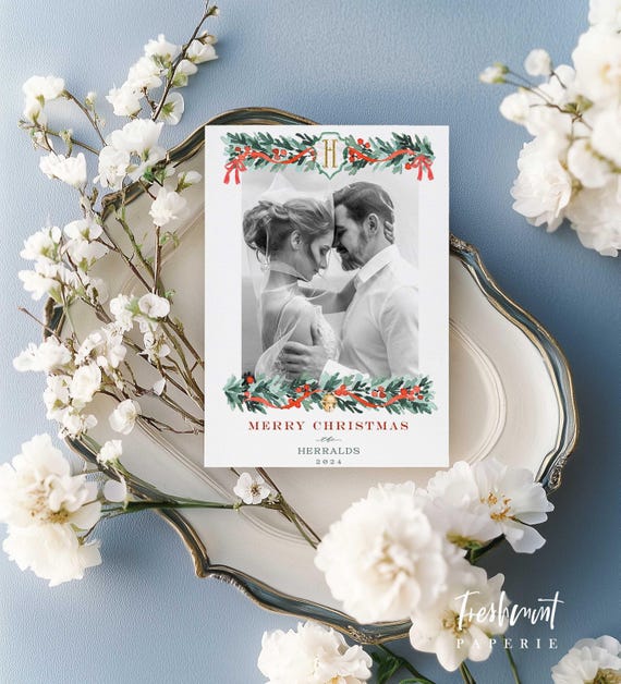 Garland Christmas Photo Cards, Red Ribbon Holiday Cards