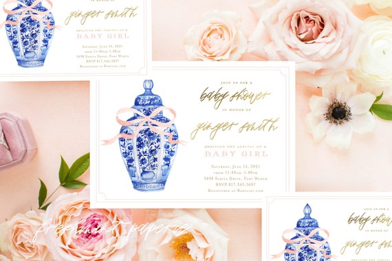 Ginger Jar Invitation - Monogram invitation - Chinoiserie invitation - Topiary Baby Shower invitation - Baby Shower Invitation