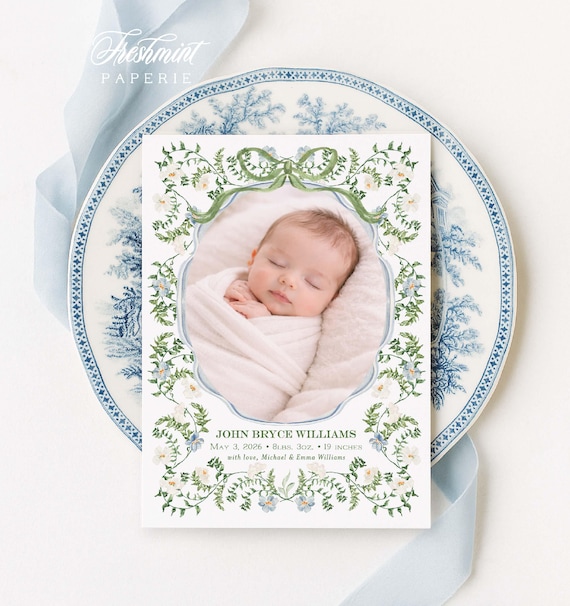 Baby Boy Birth Announcement, Watercolor, Monogram, Blue Floral