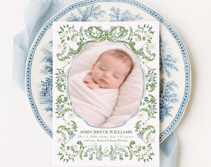 Baby Boy Birth Announcement, Watercolor, Monogram, Blue Floral
