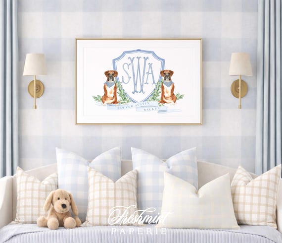 Boxer Nursery Wall Art, Monogram Crest, Baby Boy