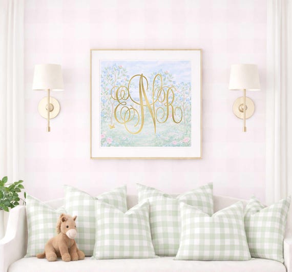 Monogram Wall Art, Grandmillennial, Watercolor, Nursery