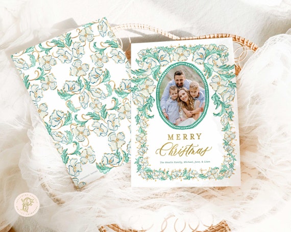 Magnolia floral Holiday Cards, Christmas card, Photo Christmas cards, Photo holiday cards, Pretty Holiday Cards, Monogram, Wreath
