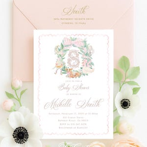 Nursery Baby Shower Invitation, Hey Diddle invitation, Storybook invitation, Nursery Rhyme baby shower invitation, Monogram, Gingham, Pink