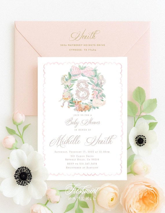 Nursery Baby Shower Invitation, Hey Diddle invitation, Storybook invitation, Nursery Rhyme baby shower invitation, Monogram, Gingham, Pink