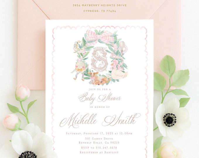 Hey Diddle Nursery Rhyme Baby Shower Invitation: Pink Gingham, Monogram