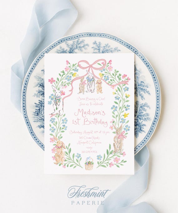 Pink Bunny Birthday Invitation: Watercolor Floral, Gingham (Digital or Printed)