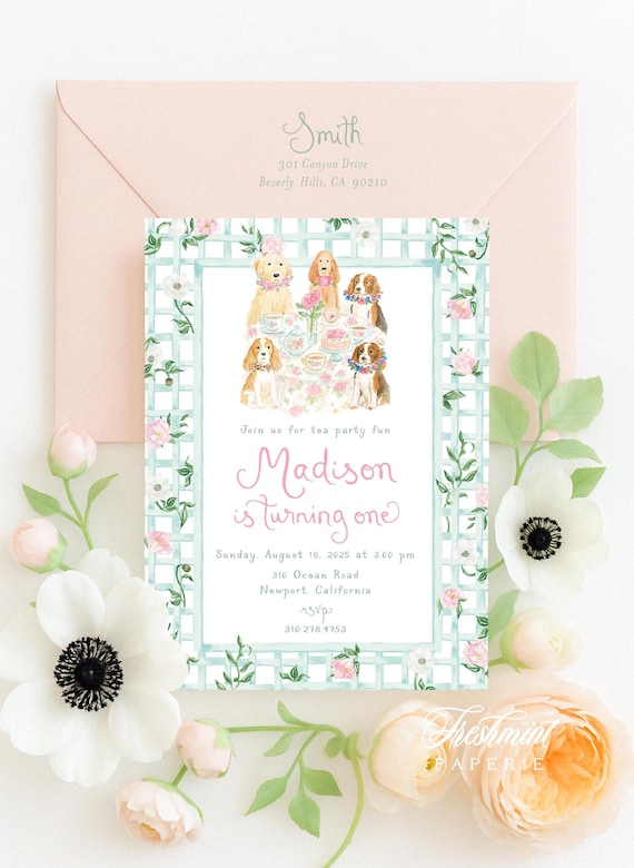 Watercolor Puppy Tea Party Invitations, Puppy invitation, Puppy Birthday Invitation, Puppy Party, Tea Party invitation, Tea Party
