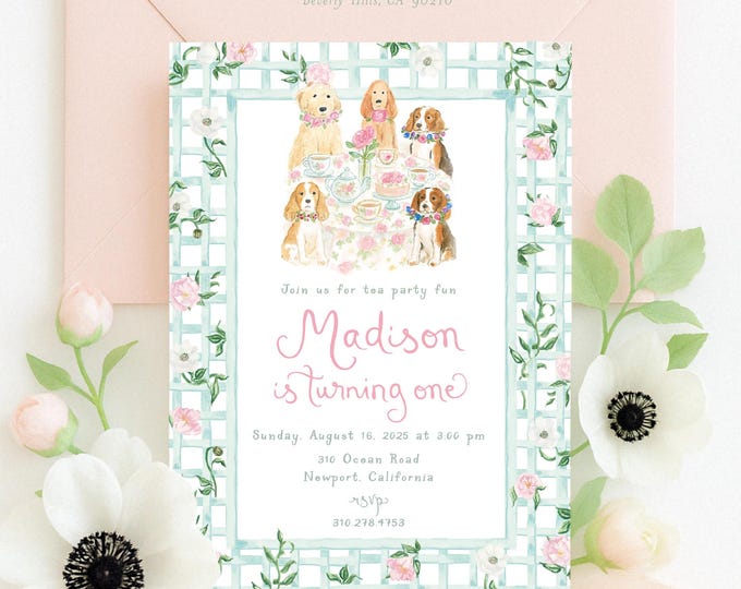 Watercolor Puppy Tea Party Invitations: Personalized Birthday Party