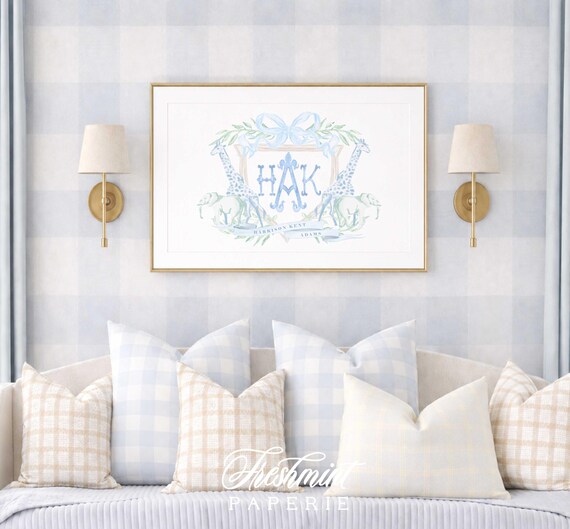 Safari Nursery Print, Giraffe Elephant Monogram, Animals Wall Art