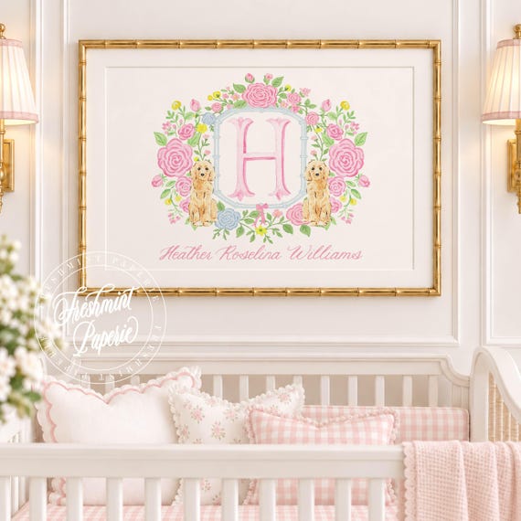 Puppy Nursery Art: Custom Name Print, Watercolor Florals