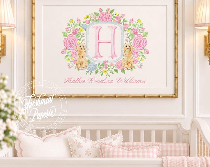 Puppy Nursery Art: Custom Name Print, Watercolor Florals