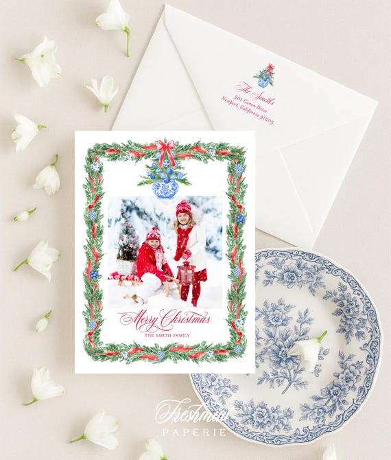Chinoiserie Photo Christmas Card, Red and Blue Wreath, Red Ribbon, Garland