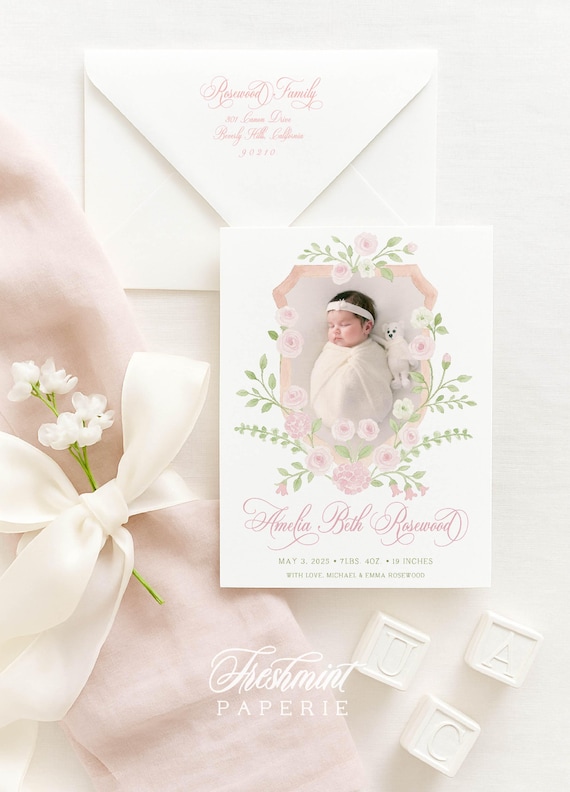 Watercolor Crest Floral Birth Announcement, Watercolor Baby Announcement, Birth Announcement, Floral Crest Birth Announcement, Welcome Baby