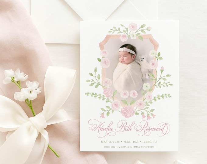 Watercolor Floral Crest Baby Announcement: Custom 5x7 Design