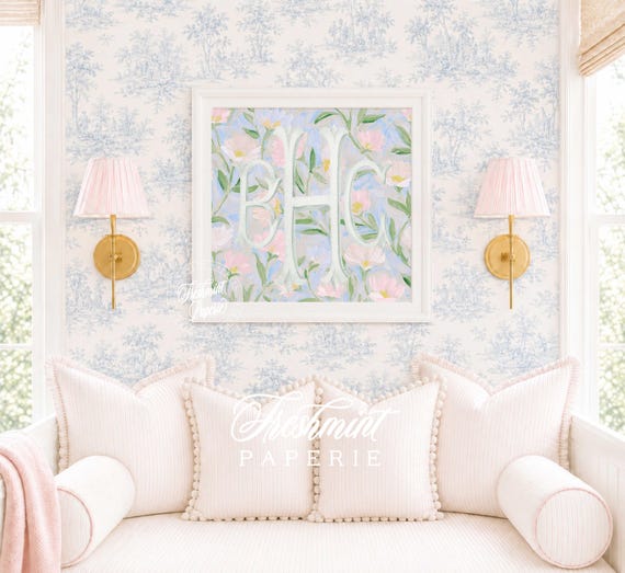 Monogram Wall Art, Monogram, Grandmillennial, Watercolor, Peony, Florals