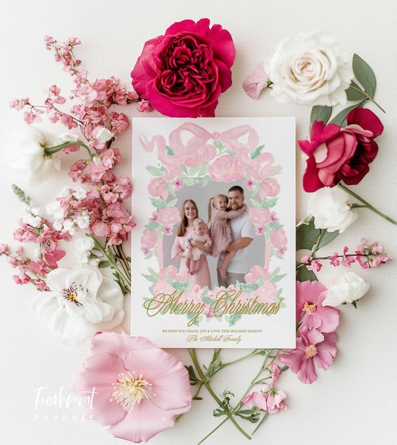 Pink Ribbon Holiday Cards, Christmas card, Watercolor flowers Christmas cards, Pretty Holiday Cards, Pink Gingham, Big Pink Bow