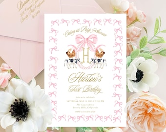 Pink Farm Birthday Invitation: Barnyard Party Animals, Monogram, Petting Zoo