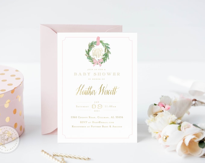Monogram Baby Shower Invitation - baby shower invitation - baby shower invitation - wreath ribbon invitation - Pink baby shower