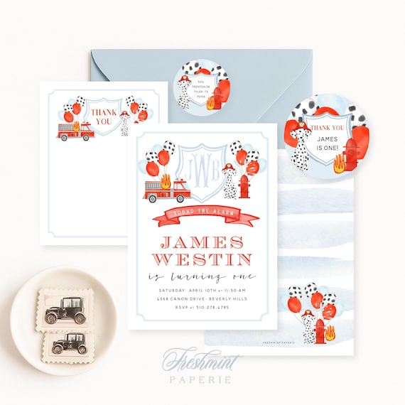 Fire Truck Invitations - Dalmation invitation - Fire Truck Birthday Invitation - Fire Truck Party - Firefighter Invitation - First Bday