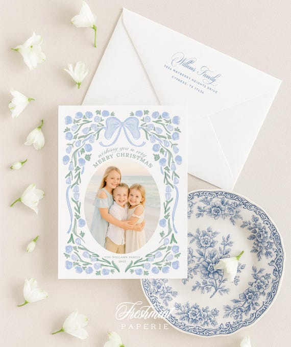 Blue Floral Photo Holiday Cards: Monogram Wreath Design