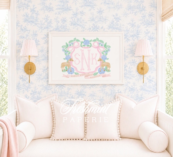 Watercolor Horse Monogram Nursery Print, Hydrangeas, Personalized, Equestrian, Grandmillennial
