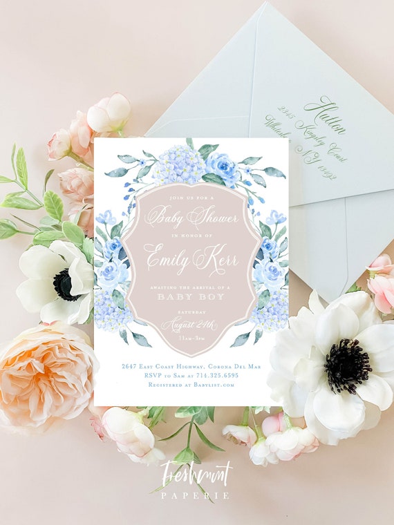 Hydrangea Baby Shower Invitation, Blue Hydrangea baby shower invitation, Baby Shower invitation, Baby shower invitation