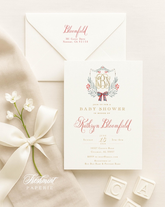Holiday Baby Shower Invitation - Baby Shower Invitation - Holiday invitation - Wreath invitation - Monogram Christmas - Monogram