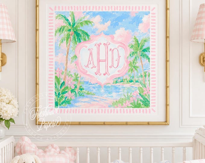 Monogram Wall Art, Monogram, Pink, Grandmillennial, Watercolor, Tropical, Palm Trees