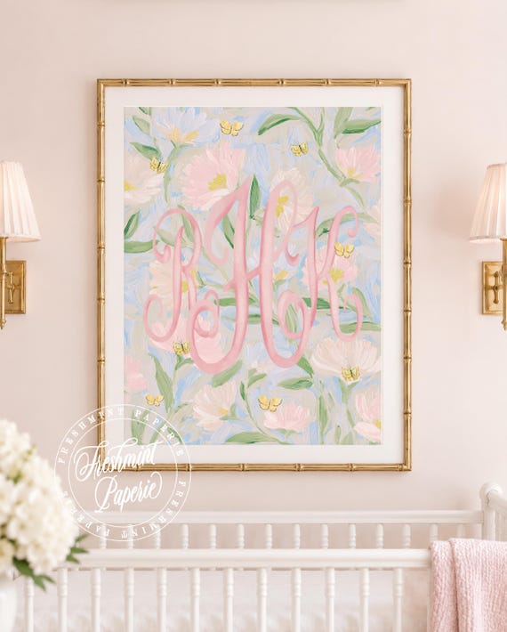Watercolor Hydrangea Monogram Nursery Print, Custom Wall Art, Pink