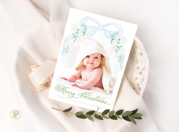 Blue Floral Photo Christmas Card, Custom Holiday Wreath
