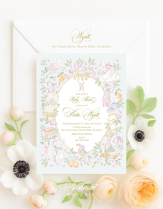 Baby Shower Invitation, 12 Days of Christmas invitation, Christmas carol invitation, Nursery Rhyme baby shower invitation, Monogram, Crest