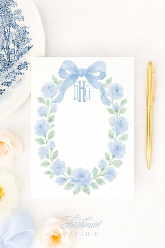 Custom Blue Floral Monogram Notepad - 5x7
