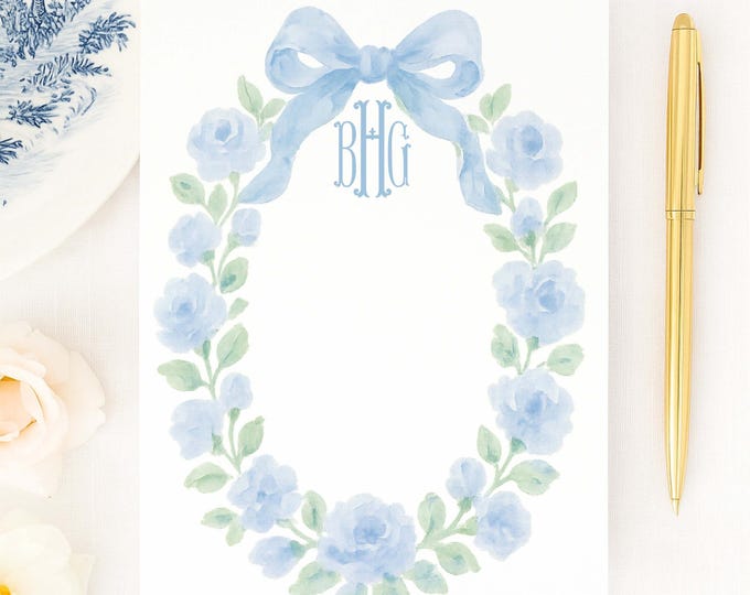 Custom Blue Floral Monogram Notepad - 5x7