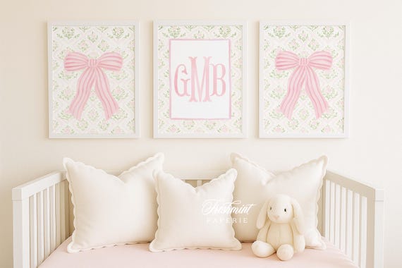Watercolor Floral Monogram Nursery Art - Baby Girl Room Decor, Set of 3
