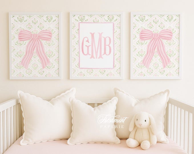 Watercolor Floral Monogram Nursery Art - Baby Girl Room Decor, Set of 3