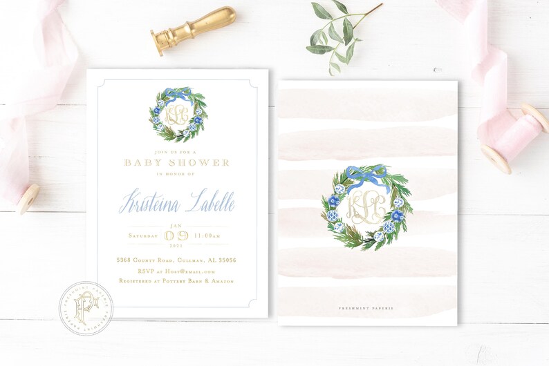 baby shower invitation Monogram Baby Shower Invitation Chinoiserie ornament invitation baby shower invitation