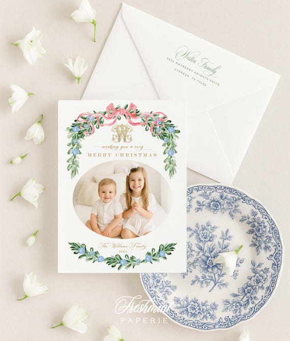 Blue Floral Photo Christmas Cards, Chinoiserie Holiday Card