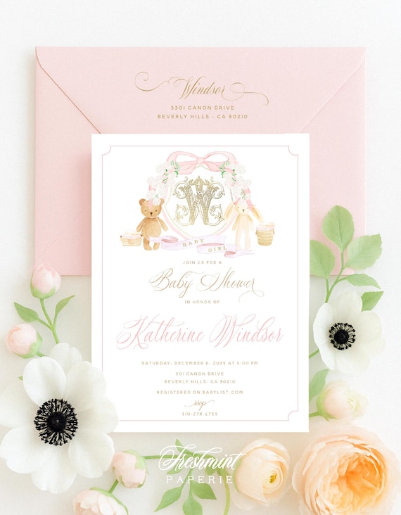 Teddy Bear invitation, Baby shower invitation, Pink teddy bear invitation, Vintage Teddy Bear invitation, Bunny Invitation, Monogram