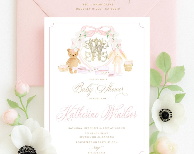 Pink Teddy Bear Baby Shower Invitation: Vintage Bunny, Monogram (Digital File)