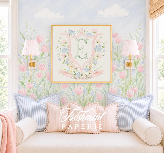 Monogram Wall Art, Hydrangea, Stork, Chinoiserie, Floral, Grandmillennial, Watercolor