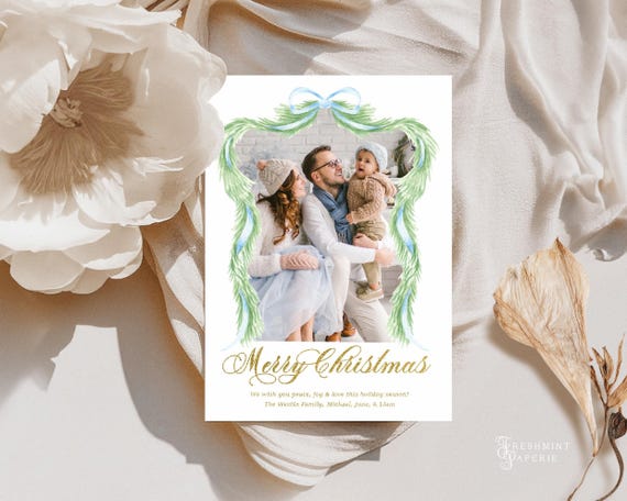 Blue Floral Wreath Photo Christmas Card, Gingham Holiday Card