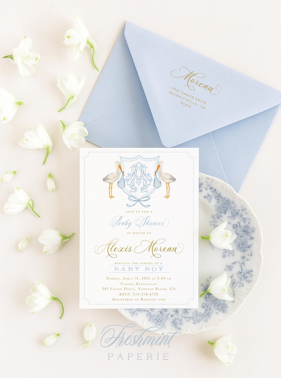 Watercolor Stork Invitations, Stork Invitation, Baby Shower Invitation, Blue Stork Baby Shower, Stork Crest Baby shower, Monogram Stork