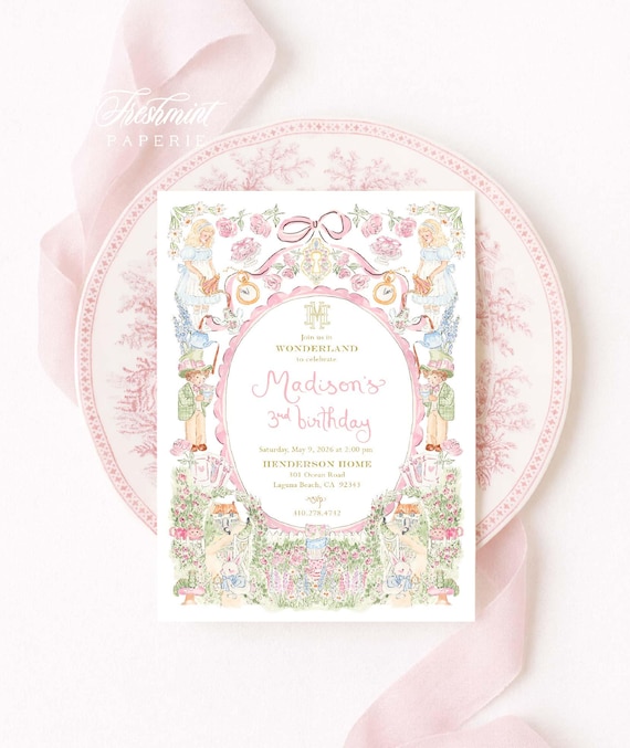 Wonderland Birthday Invitation: Onederland, Pink Bow, Grandmillennial, Alice, Bunny, Whimsical, Gingham, Monogram