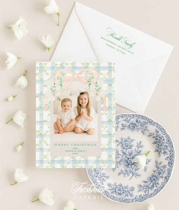 Gingham Holiday Cards, Christmas card, Photo Christmas cards, Photo holiday cards, Pretty Holiday Cards, Gingham, Watercolor
