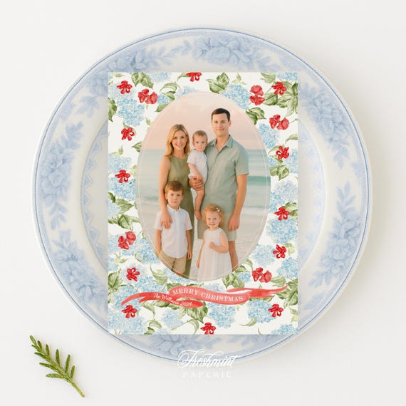 Watercolor Hydrangea Holiday Cards: Pretty Christmas Photo Card, Red florals